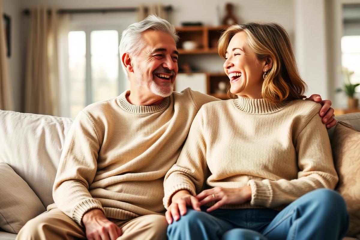Happy couple relaxing together at home